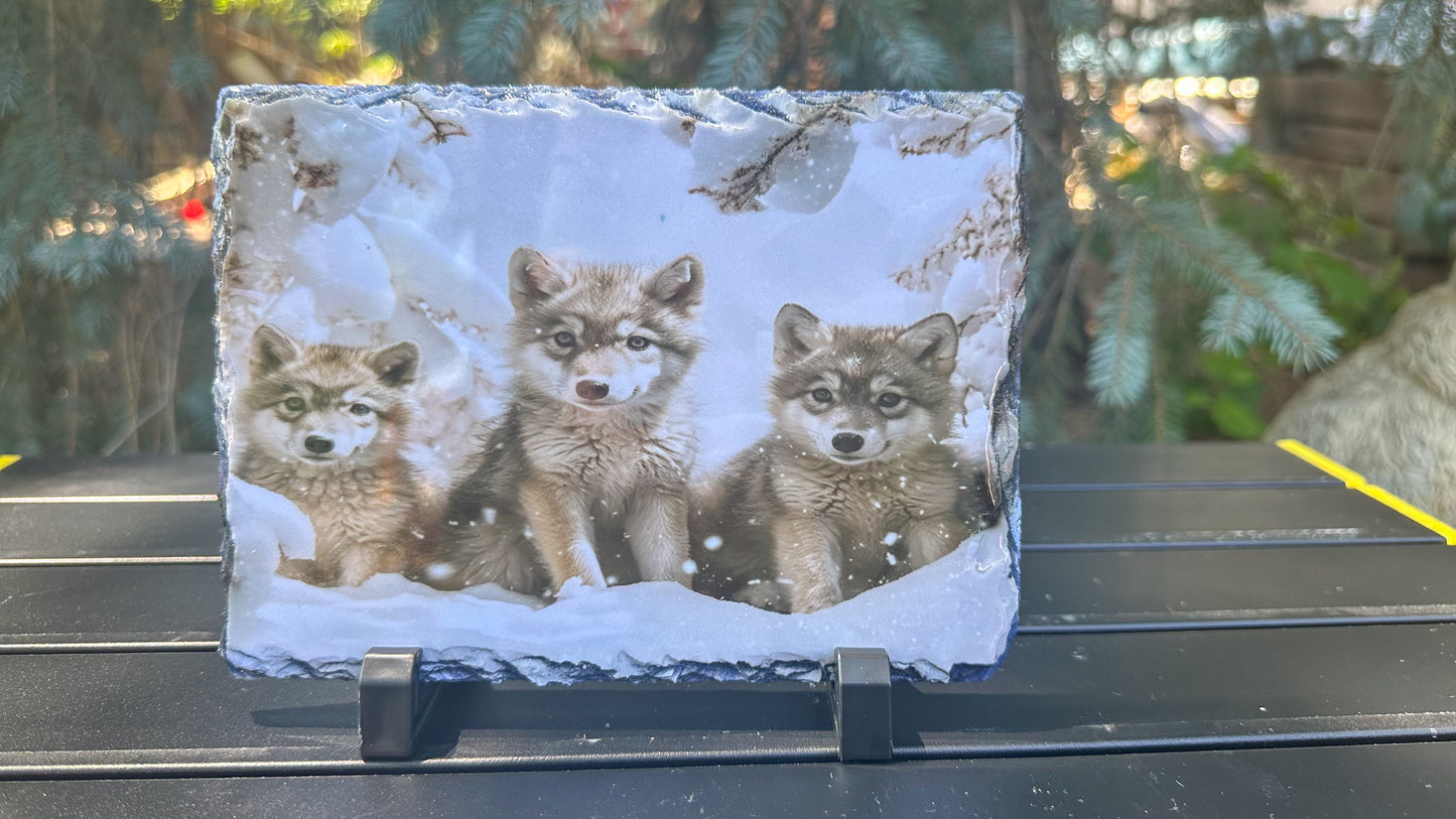 Winter Wolf Cubs Decorative Slate Plaque - Perfect Gift for Wolf Lovers