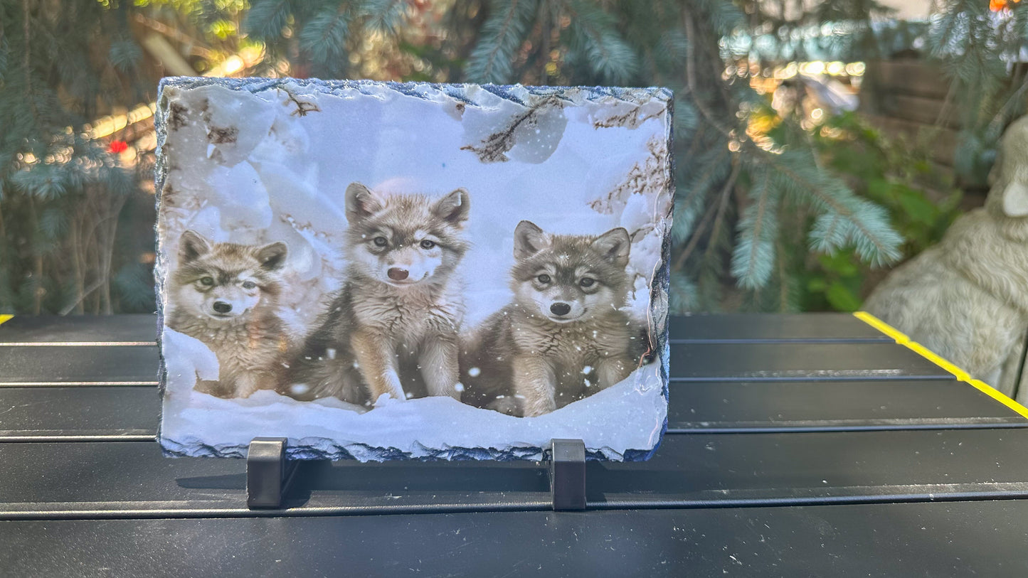 Winter Wolf Cubs Decorative Slate Plaque - Perfect Gift for Wolf Lovers