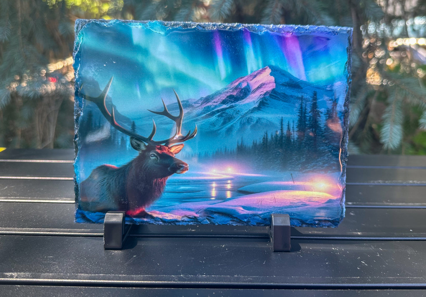 Elk Winter Scene Decorative Plaque with Northern Lights - Slate Outdoor Art Perfect Gift for Him