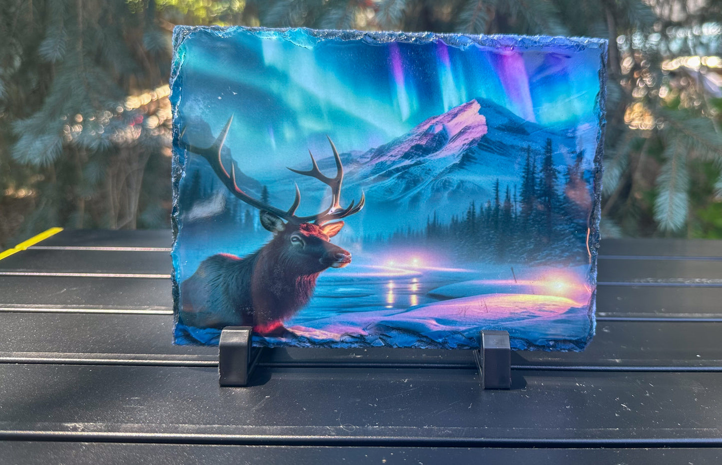 Elk Winter Scene Decorative Plaque with Northern Lights - Slate Outdoor Art Perfect Gift for Him