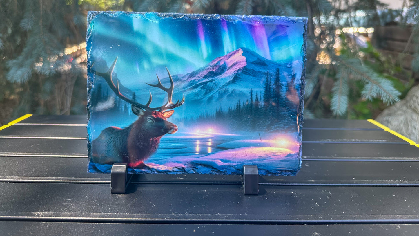 Elk Winter Scene Decorative Plaque with Northern Lights - Slate Outdoor Art Perfect Gift for Him