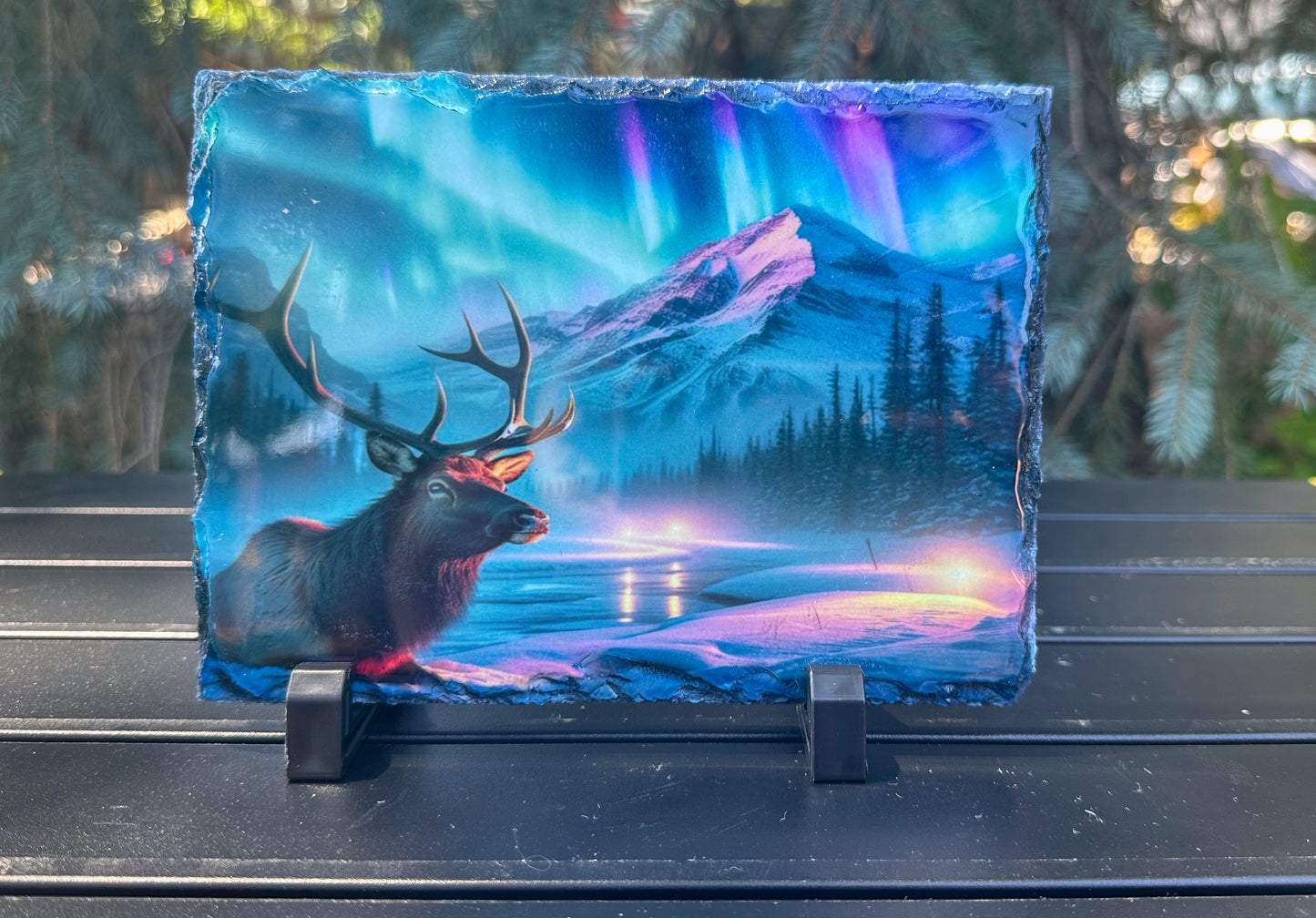 Elk Winter Scene Decorative Plaque with Northern Lights - Slate Outdoor Art Perfect Gift for Him