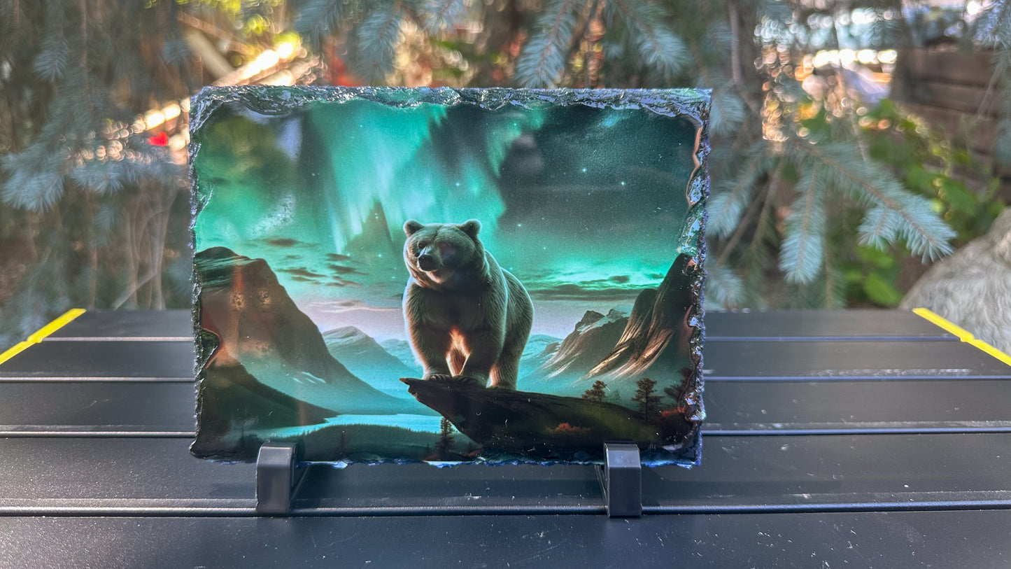 Bear Photo Slate Plaque - Northern Lights Decor for Bear Lovers