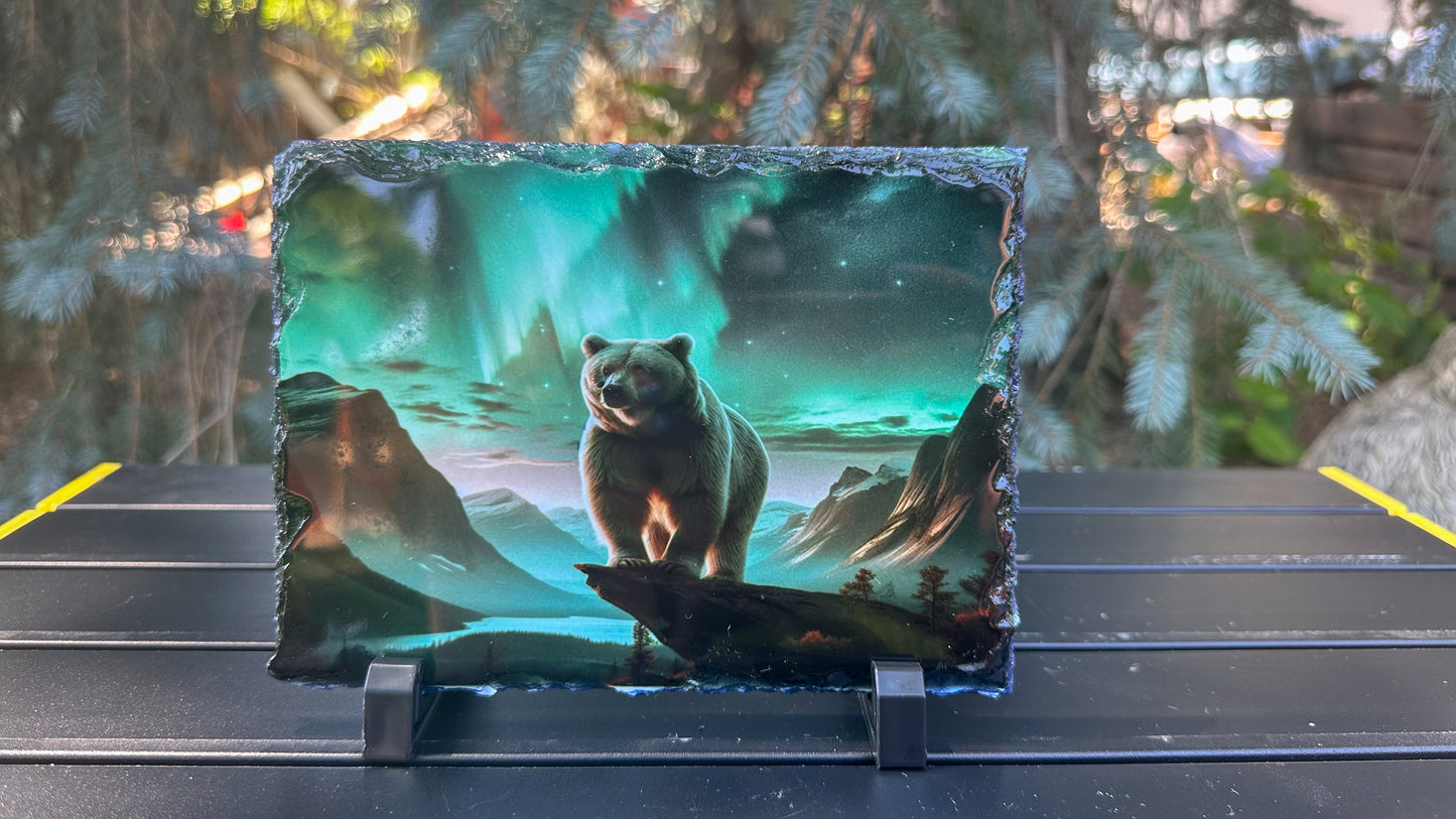Bear Photo Slate Plaque - Northern Lights Decor for Bear Lovers