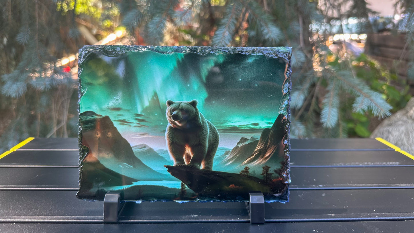 Bear Photo Slate Plaque - Northern Lights Decor for Bear Lovers