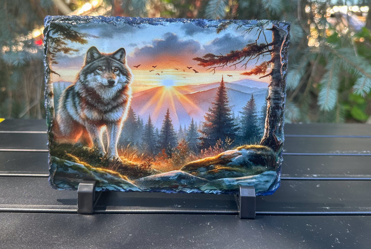 Wolf Mountain Sunset Slate Plaque - Decorative Gift for Wolf Lovers