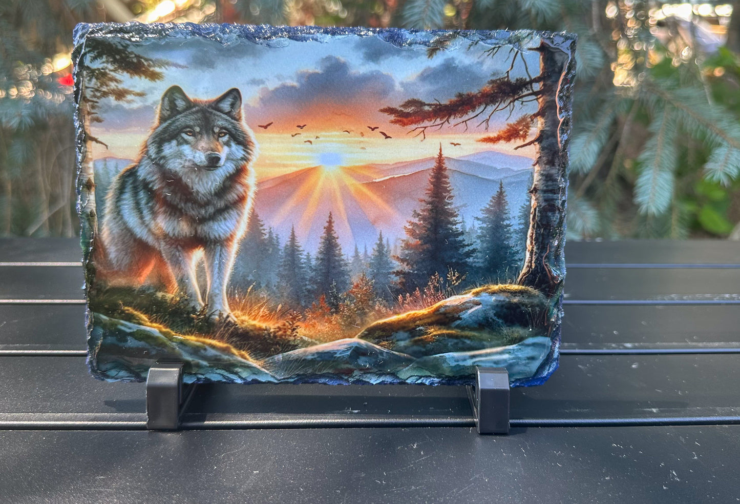 Wolf Mountain Sunset Slate Plaque - Decorative Gift for Wolf Lovers