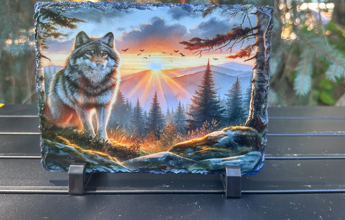 Wolf Mountain Sunset Slate Plaque - Decorative Gift for Wolf Lovers