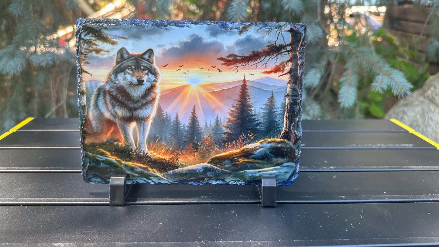 Wolf Mountain Sunset Slate Plaque - Decorative Gift for Wolf Lovers