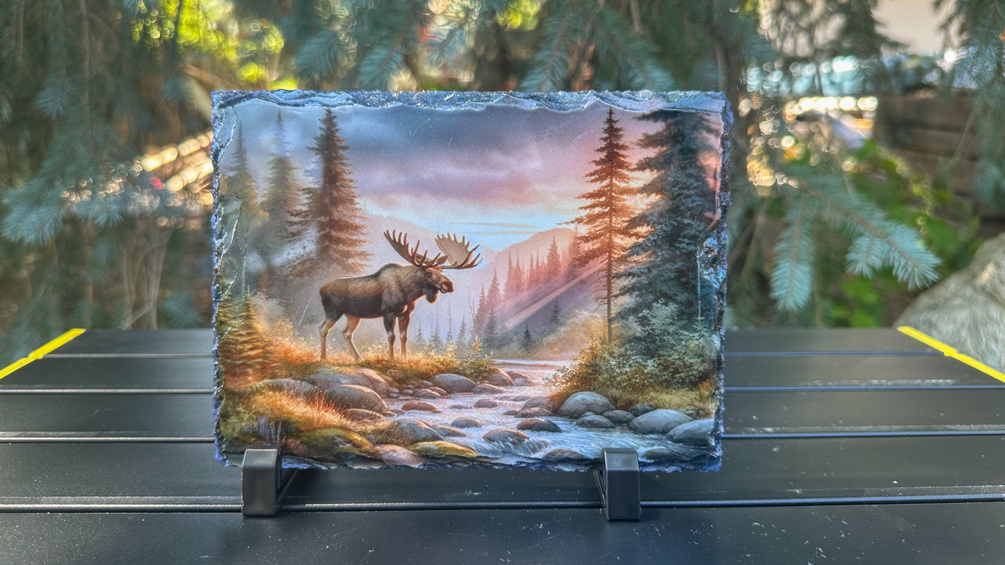 Moose in Forest Decorative Slate Plaque - Sunset Wildlife Art Perfect Outdoorsy Gift for Hunters