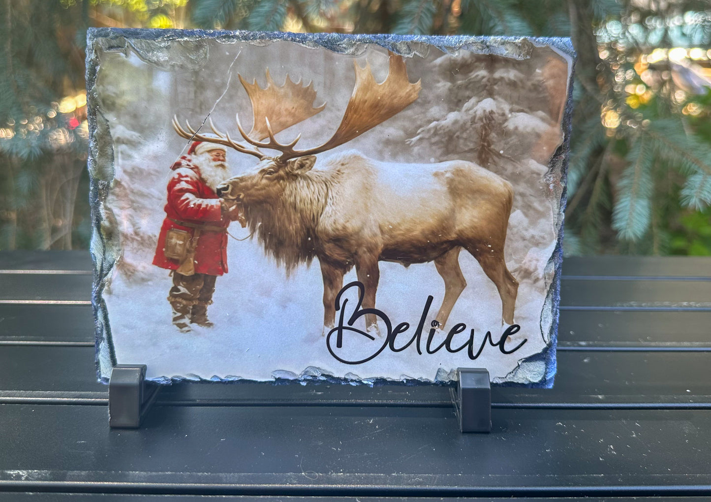 Santa Claus and Reindeer Christmas Slate Plaque - Festive Holiday Decor for Believers