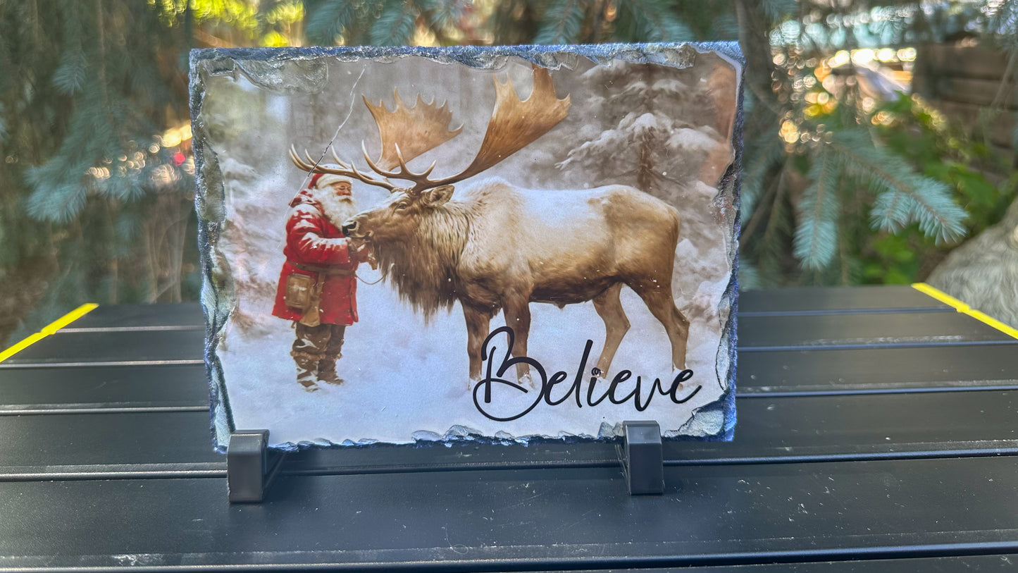 Santa Claus and Reindeer Christmas Slate Plaque - Festive Holiday Decor for Believers