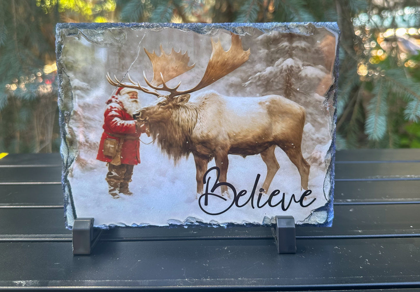 Santa Claus and Reindeer Christmas Slate Plaque - Festive Holiday Decor for Believers