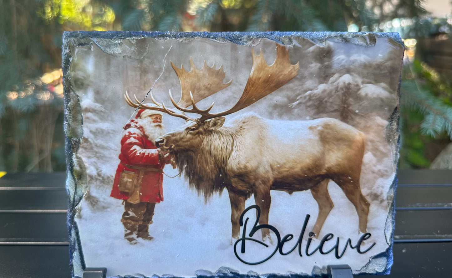 Santa Claus and Reindeer Christmas Slate Plaque - Festive Holiday Decor for Believers