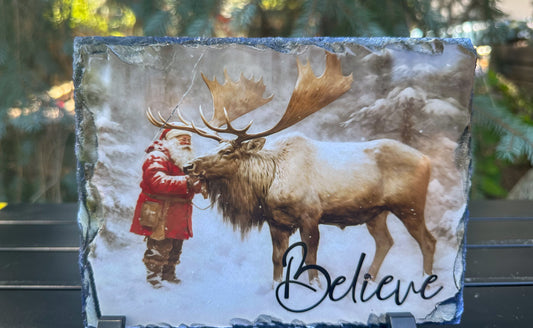Santa Claus and Reindeer Christmas Slate Plaque - Festive Holiday Decor for Believers