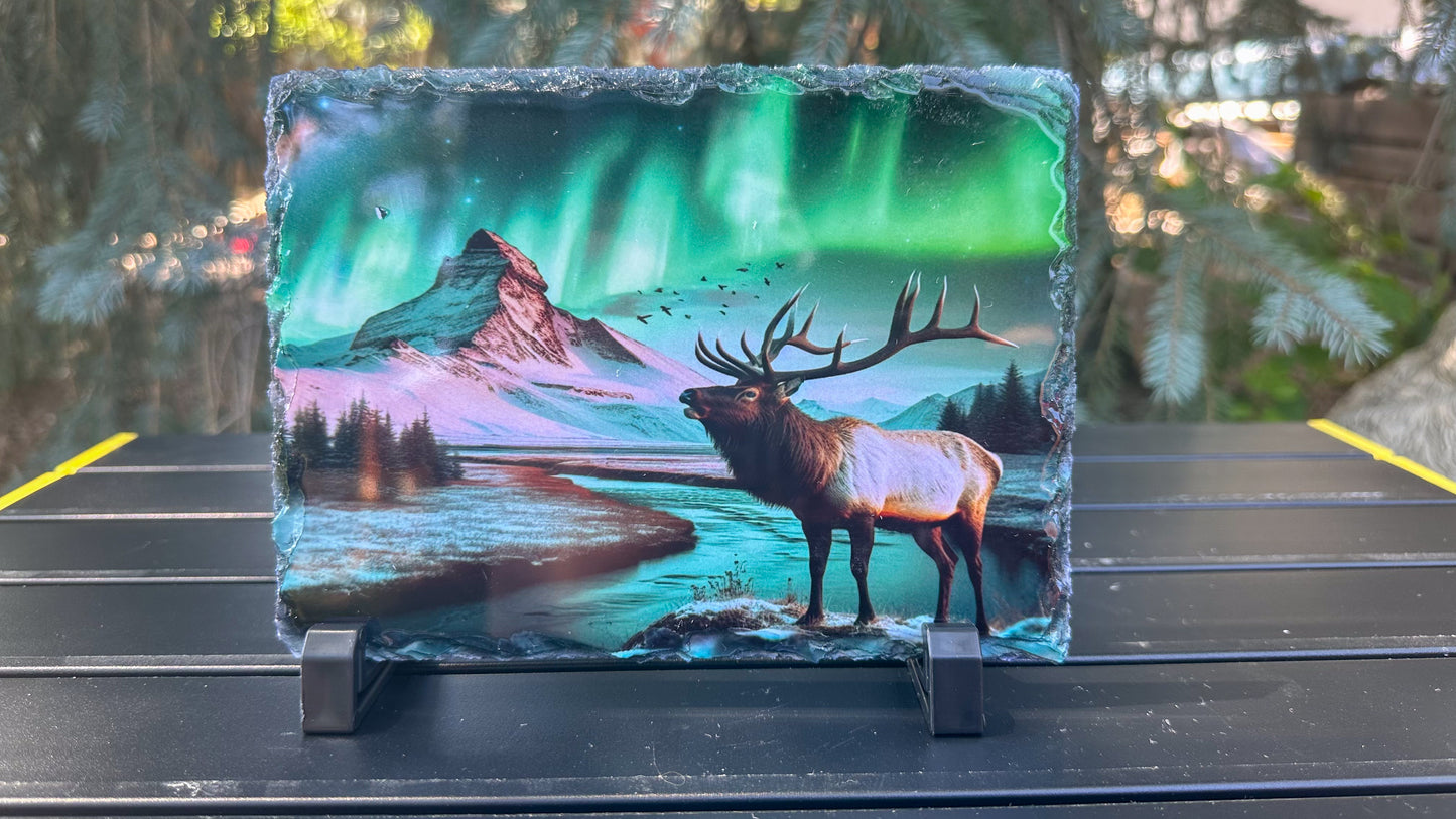 Elk Winter Scene Slate Plaque with Northern Lights - Unique Outdoorsy Gift for Him