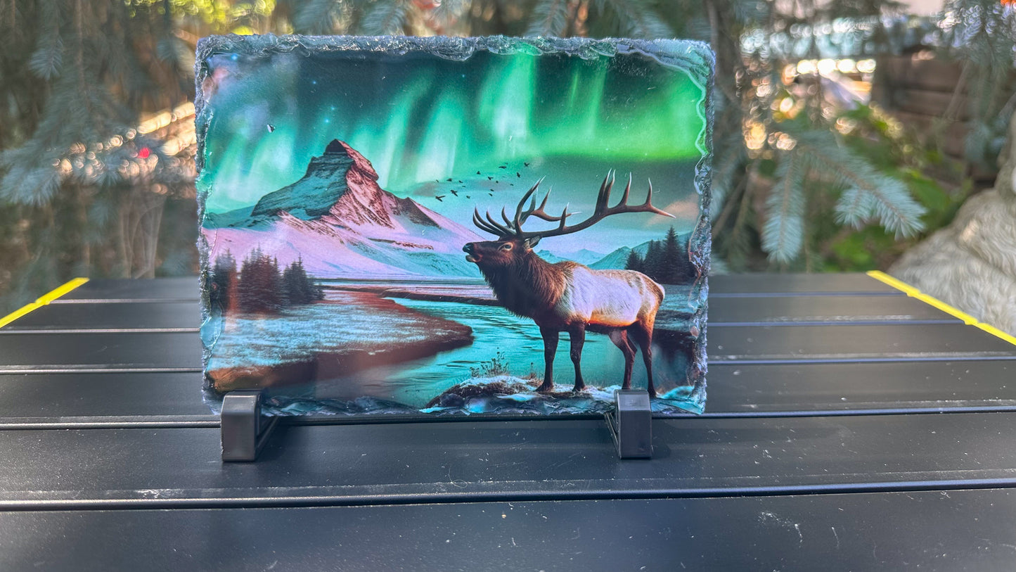 Elk Winter Scene Slate Plaque with Northern Lights - Unique Outdoorsy Gift for Him