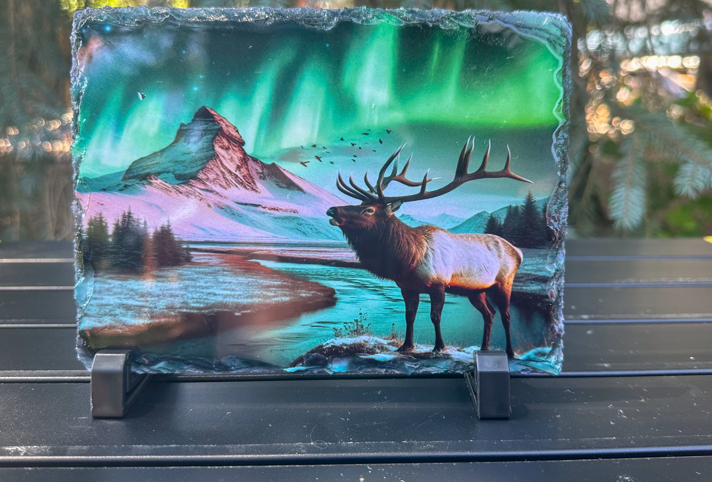 Elk Winter Scene Slate Plaque with Northern Lights - Unique Outdoorsy Gift for Him