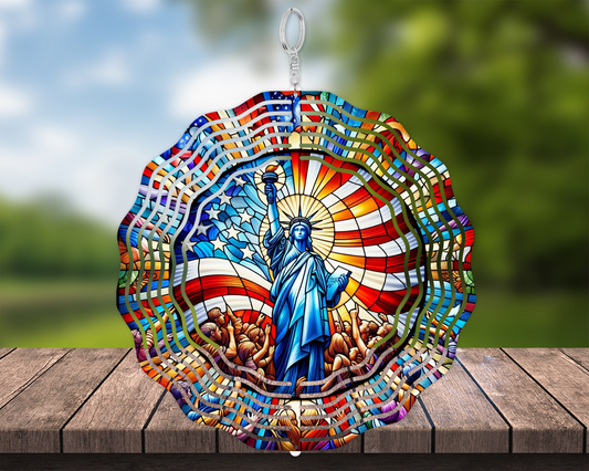 Handcrafted Statue of Liberty Wind Spinner with USA Flag Design