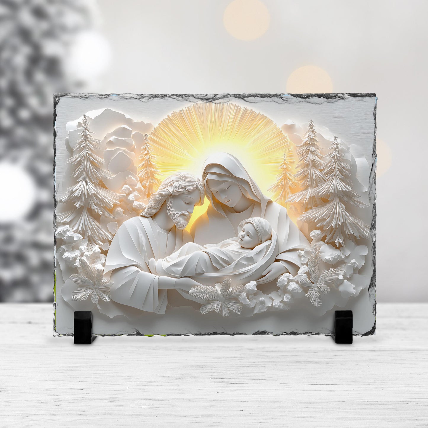 Fractured Edges Slate Plaque - 3D Nativity Scene with Mary Joseph Baby Jesus