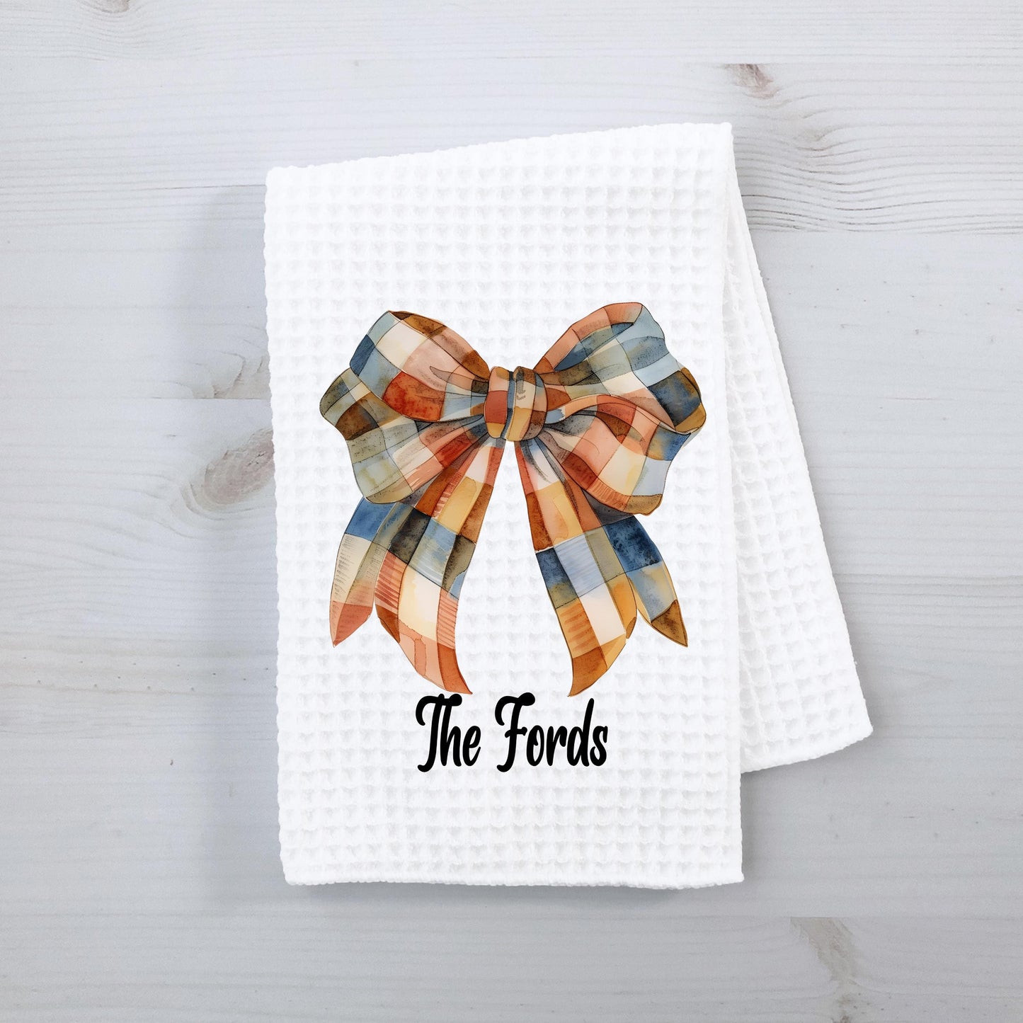 Personalized Gingham Bow Waffle Weave Towel - Custom Kitchen Decor Unique Autumn Gift for Her