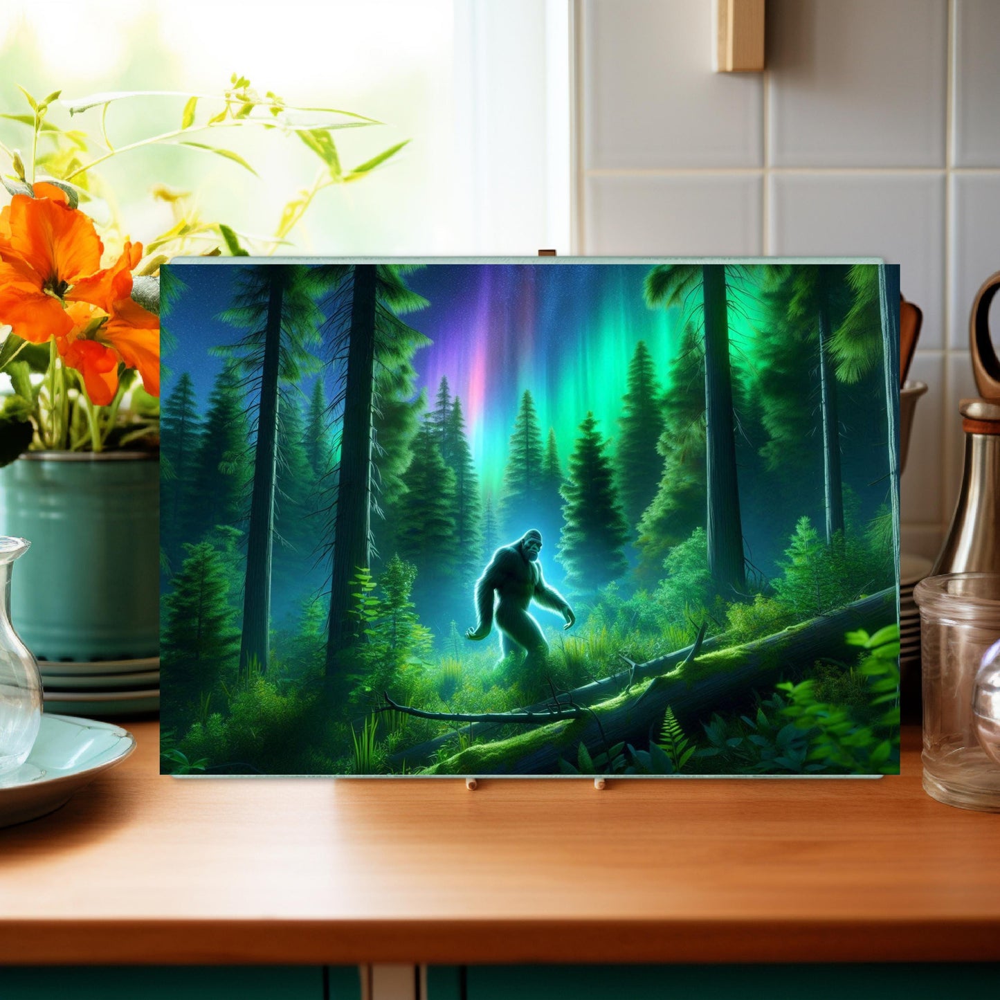 Tempered Glass Cutting Board featuring Bigfoot in the Forest - Unique Gift for Bigfoot Lovers