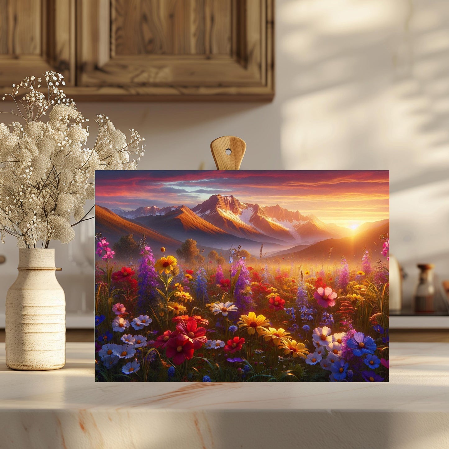 Mountain Valley Sunset Cutting Board with Wildflowers Snow-Capped Peaks - Perfect Gift for Outdoor Lovers Hostess