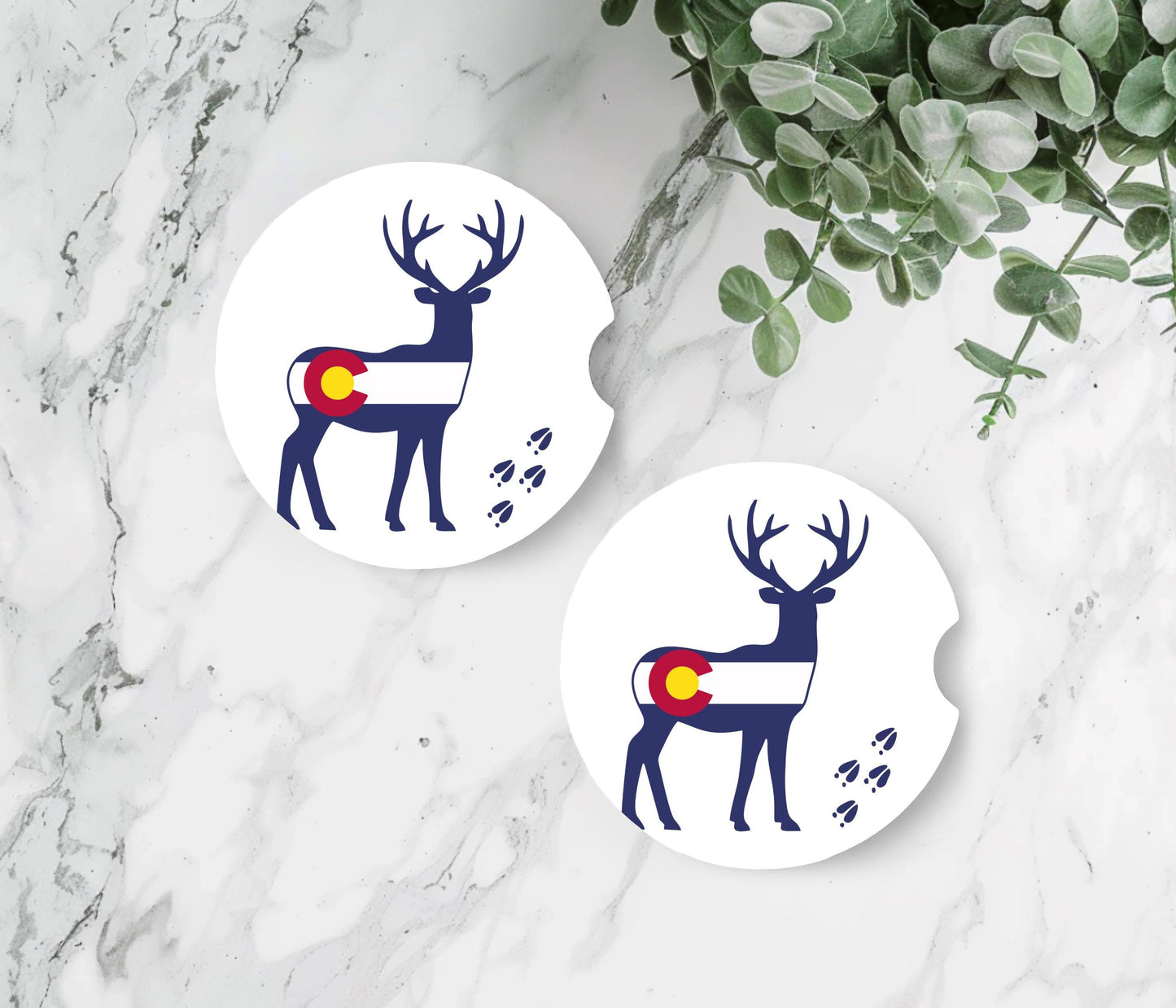Whimsical Deer Print Car Coasters - Set of 2, Colorado Logo, Sandstone Coasters