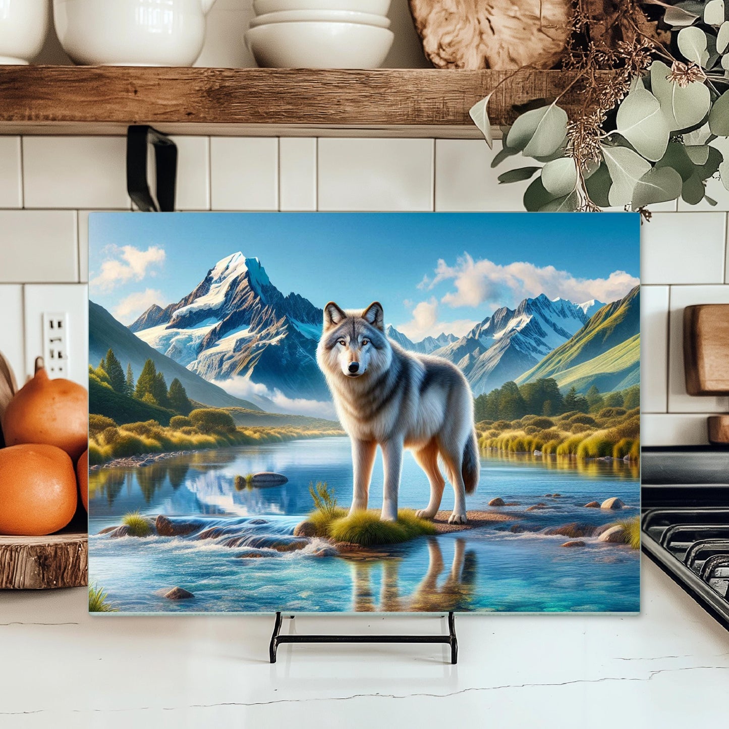 Wolf Art Cutting Board with Snow Capped Mountains Perfect Gift for Nature Lovers