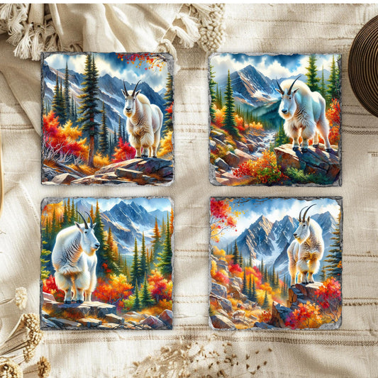 Handcrafted Slate Coaster Set with Fall Mountain Goat Designs - Perfect Gift for Nature Lovers