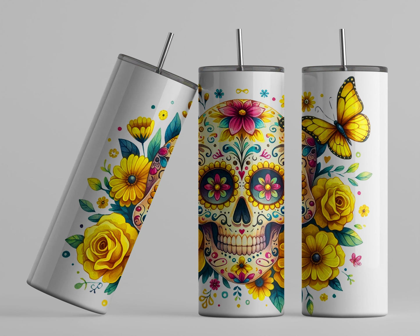 20oz Magical Glow Skull Tumbler - Unique Yellow Sugar Skull Cup for Spooky Chic Gifts
