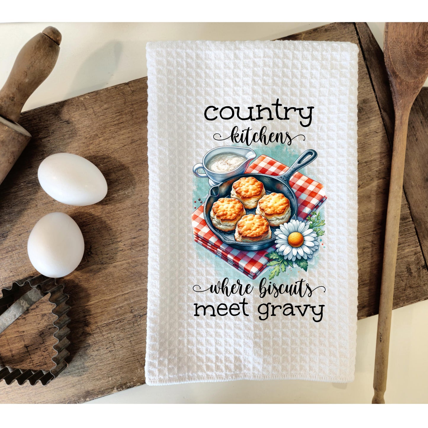 Country Kitchen Waffle Weave Towel - Rustic Farmhouse Charm for Mom Perfect Hostess Gift with Biscuit Theme