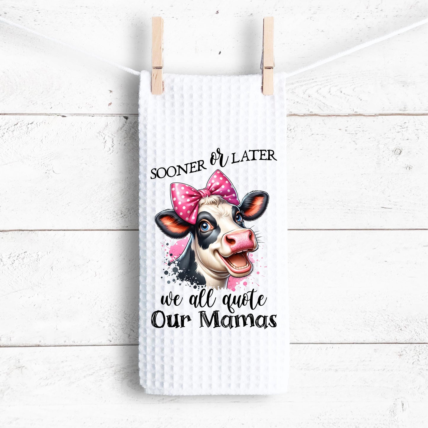 Witty Cow Head Kitchen Towel with Pink Bow Fun Quote for Moms Unique Gift for Daughters
