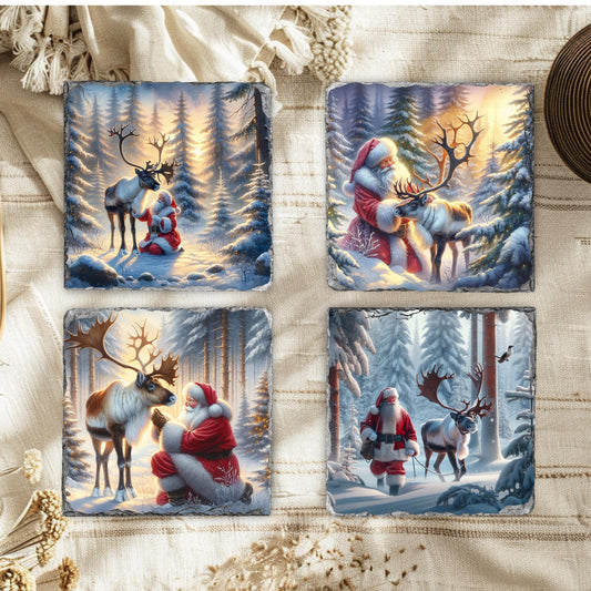 Fractured Edge Slate Coaster Set with Santa  Reindeer Winter Scene  4 Sublimation Images  Black Rack  Perfect Holiday Gift