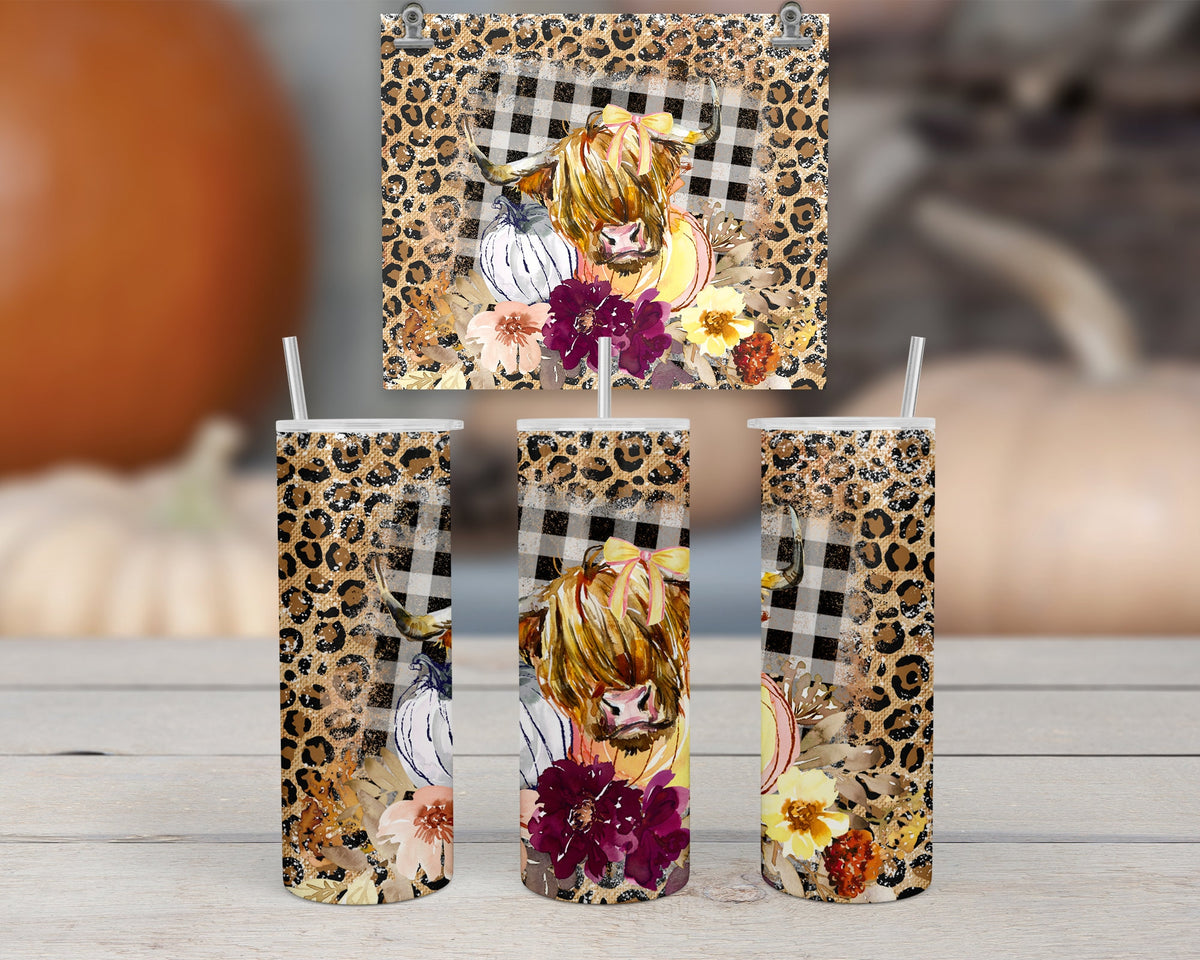 Stainless Steel Tumbler, Highland Cow, 20Oz Leopard Plaid Fall Art