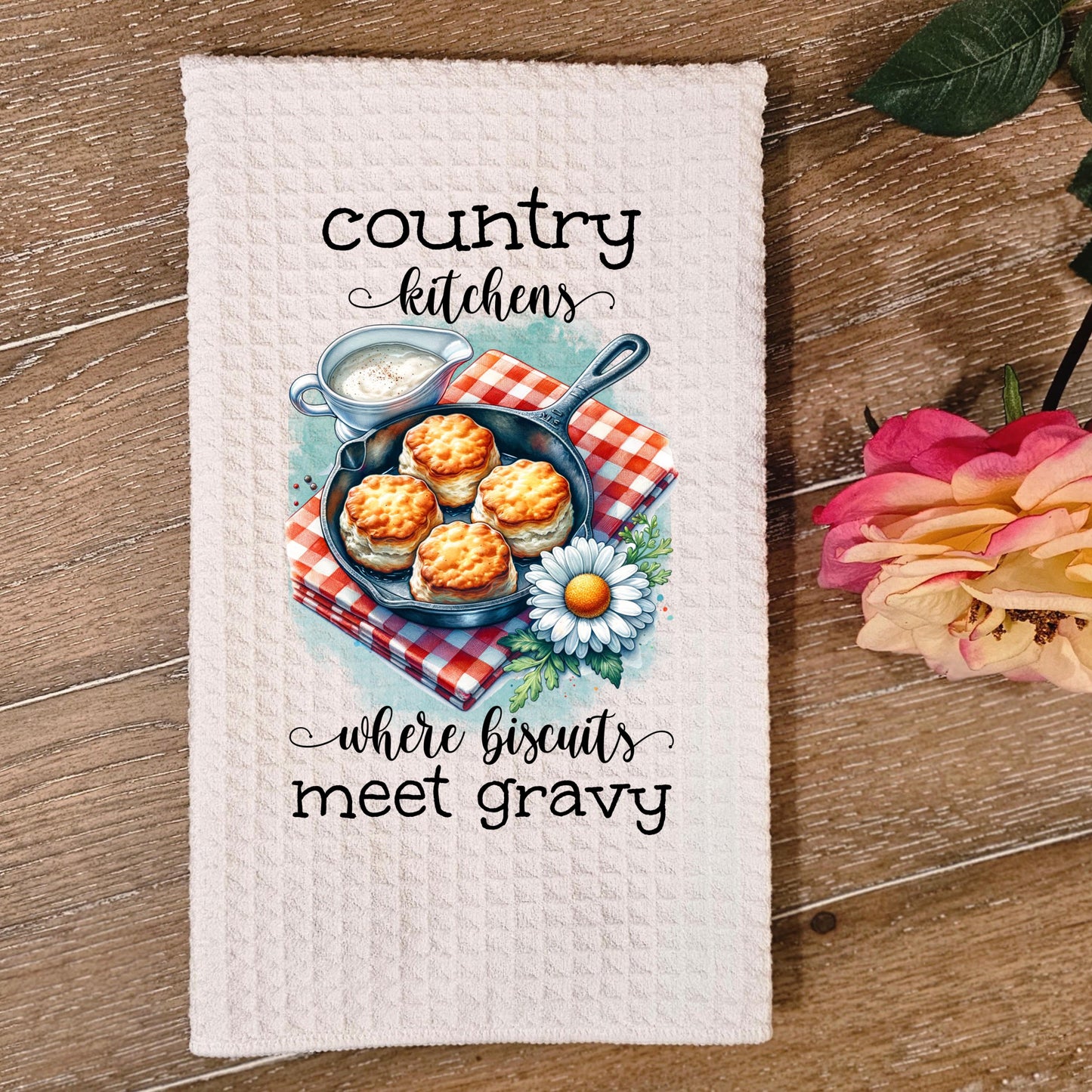 Country Kitchen Waffle Weave Towel - Rustic Farmhouse Charm for Mom Perfect Hostess Gift with Biscuit Theme