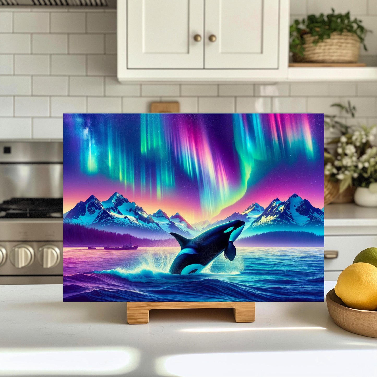 Orca Breach Tempered Glass Cutting Board 11x15 Kitchen Art with Northern Lights and Colorful Ocean Wildlife - Perfect Hostess Gift