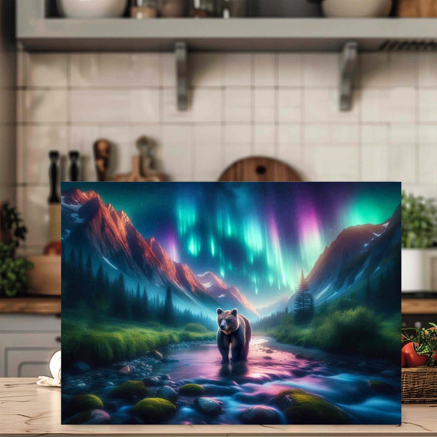 Tempered Glass Cutting Board with Northern Lights Design Perfect Gift for Bear Lovers Hostess Housewarming Ideal Kitchen Decor for Moms