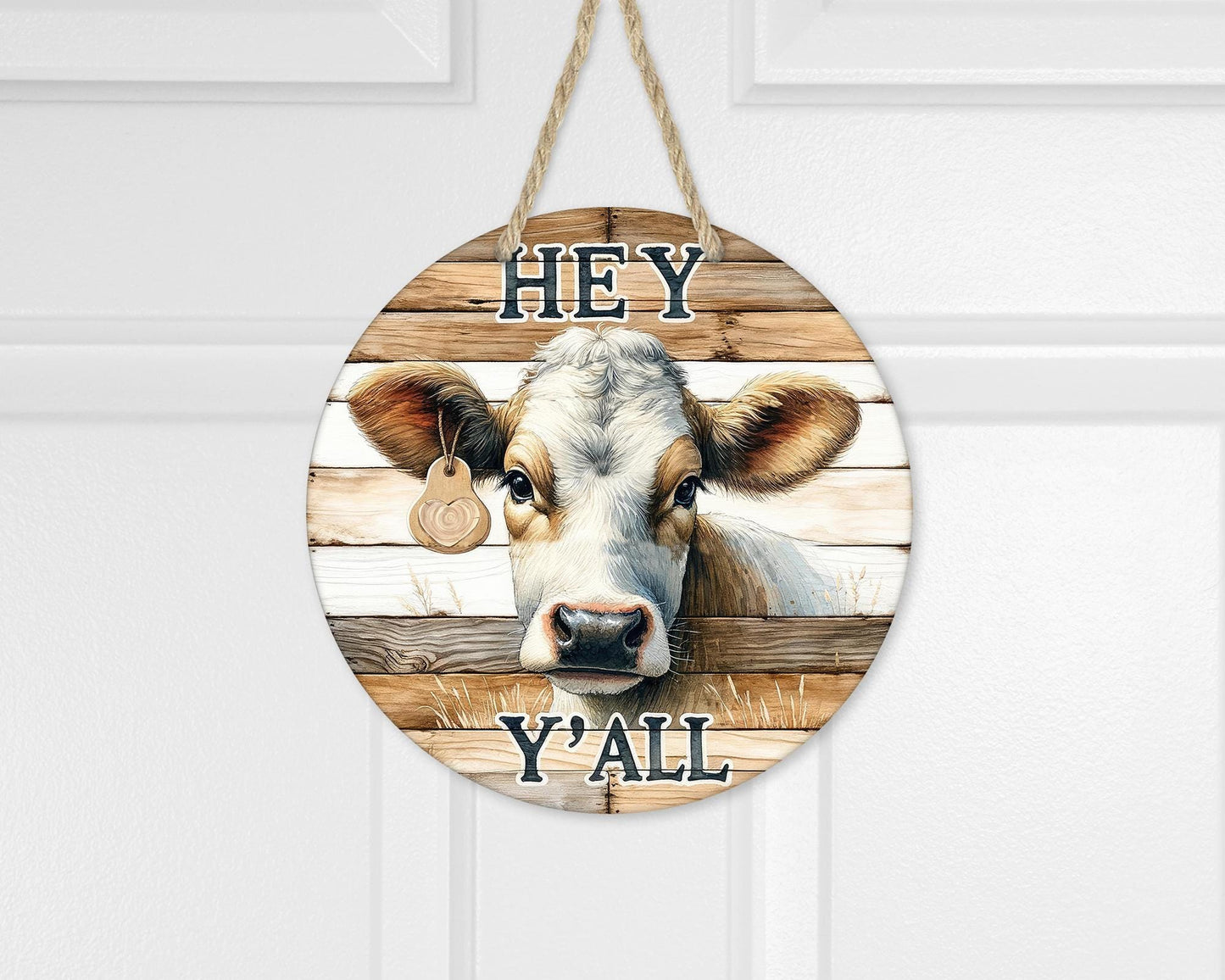 Farmhouse Round Door Wreath with Cow Decor Hey Yall Sign - Unique Gift for Cow Lovers Front Porch New Home Decor
