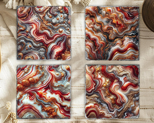 Fractured Edge Slate Coasters Set of 4 with Red Gold Glitter Agate - Unique Housewarming Gift for New Home Decor