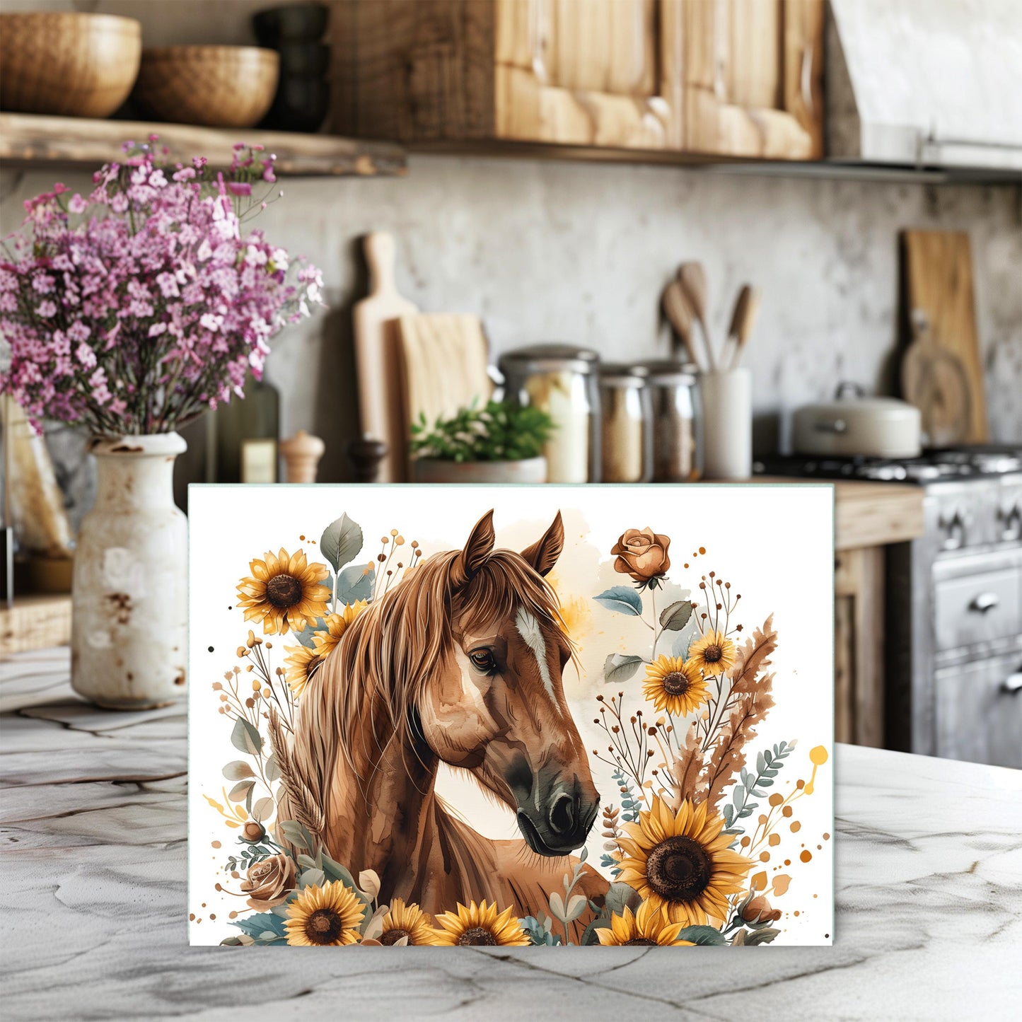 Horse and Sunflower Tempered Glass Cutting Board - Perfect Gift for Horse Lovers 11x15 Kitchen Art