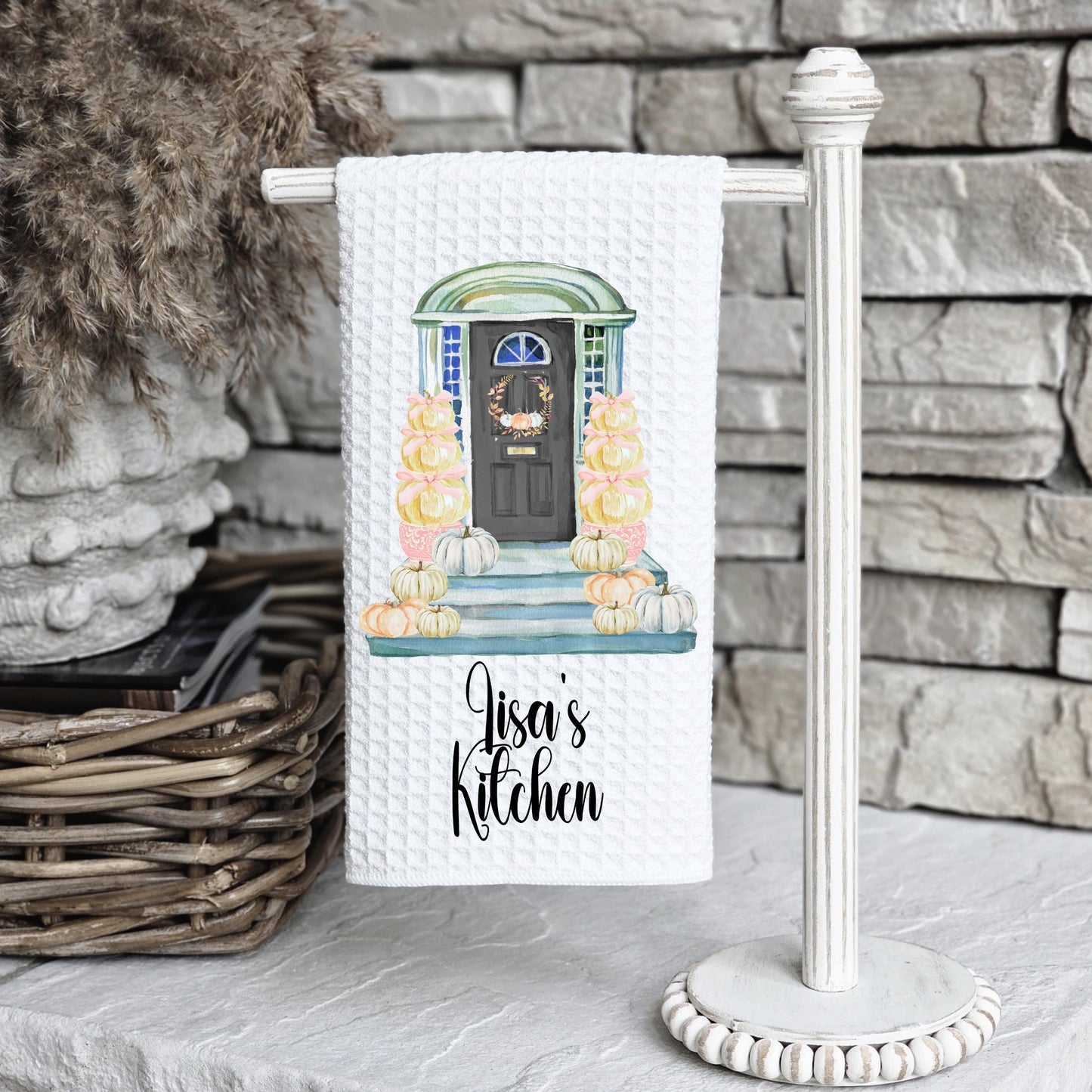 Personalized Fall Front Door Towel with Autumn Porch Scene - Perfect Thanksgiving Hostess Gift