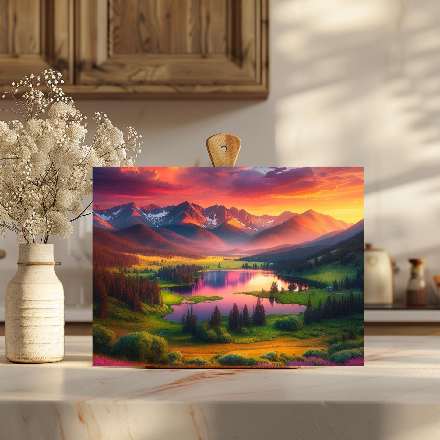 Mountain Lake Sunset Glass Cutting Board - Nature-Inspired Housewarming Gift