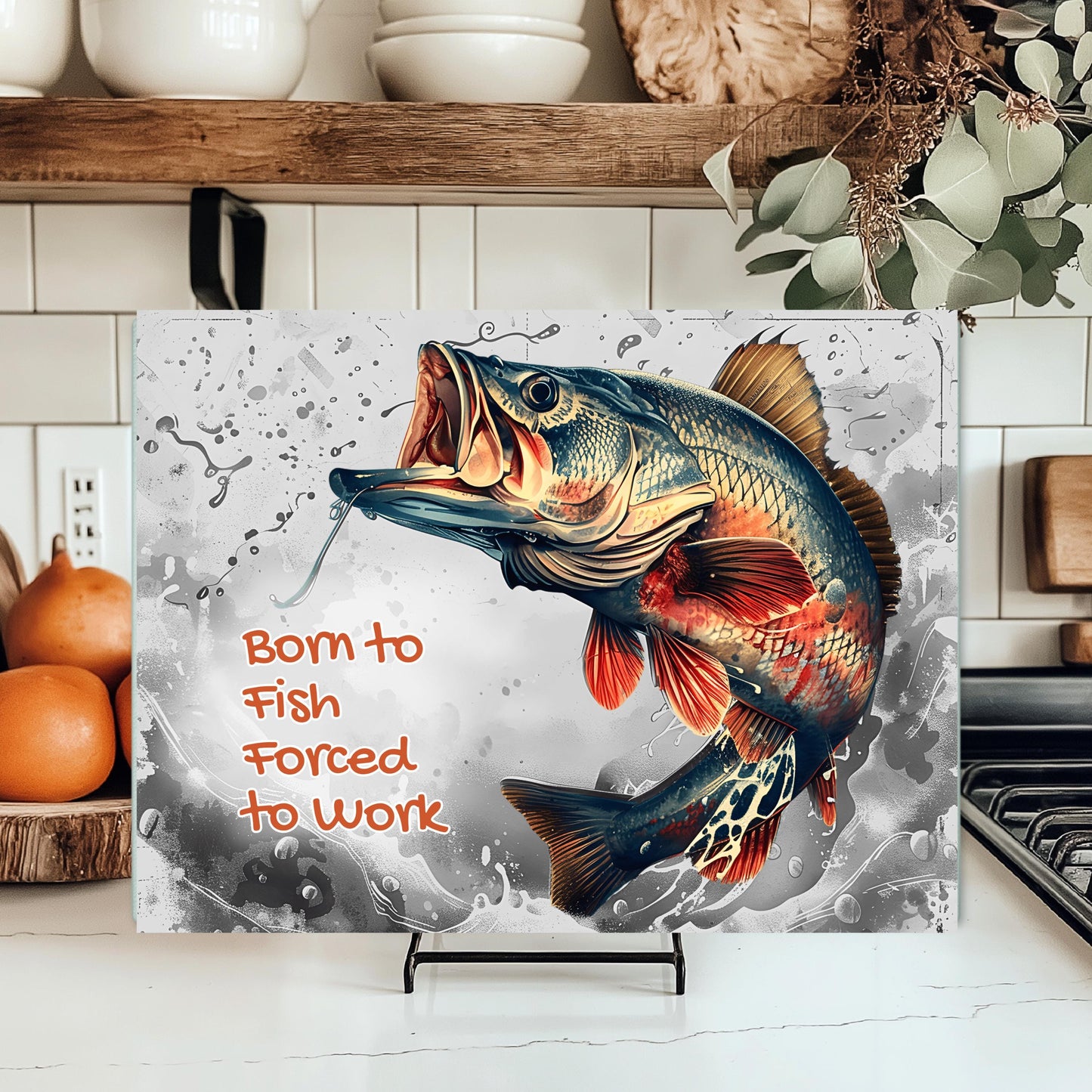 Born To Fish Tempered Glass Cutting Board 11x15 Kitchen Art - Perfect Fishing Gift for Dad or Him