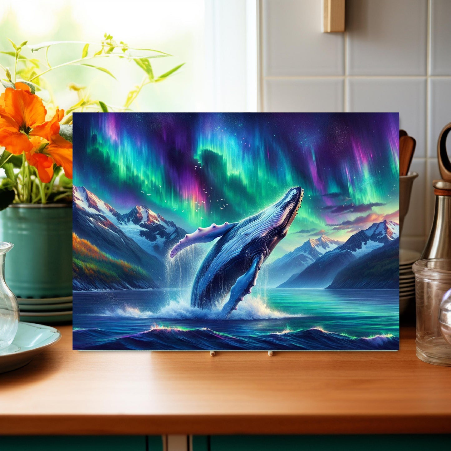 Humpback Whale Tempered Glass Cutting Board 11x15 Kitchen Art with Northern Lights Over Alaska Unique Ocean Wildlife Decor