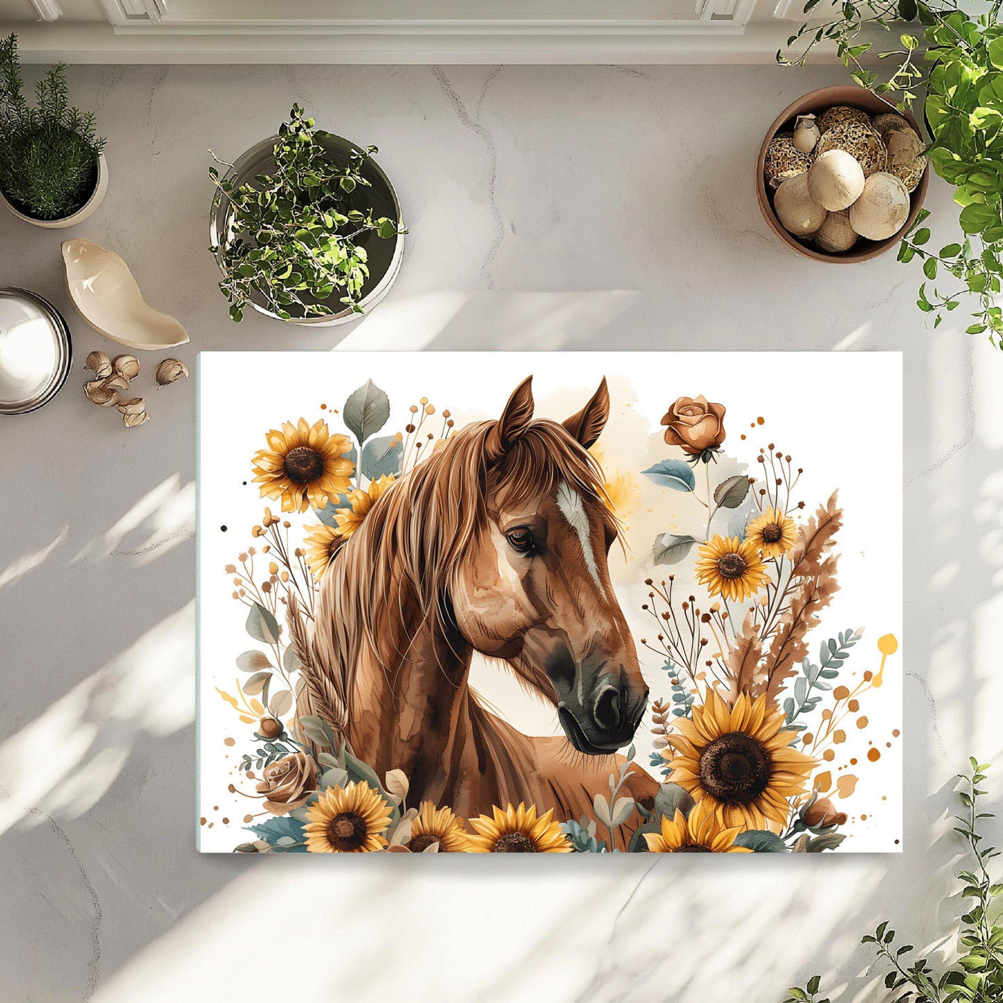 Horse and Sunflower Tempered Glass Cutting Board - Perfect Gift for Horse Lovers 11x15 Kitchen Art