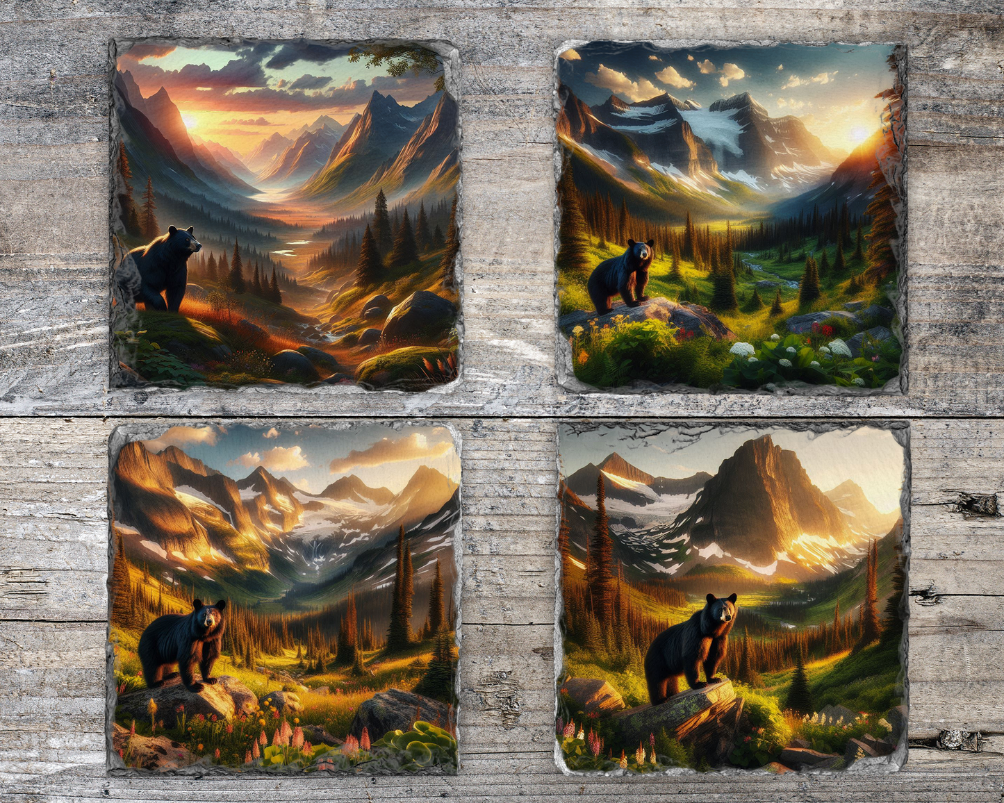 Rustic Slate Coaster Set with Bear in Valley at Sunset - Unique Gift for Mom 4 Distinct Designs