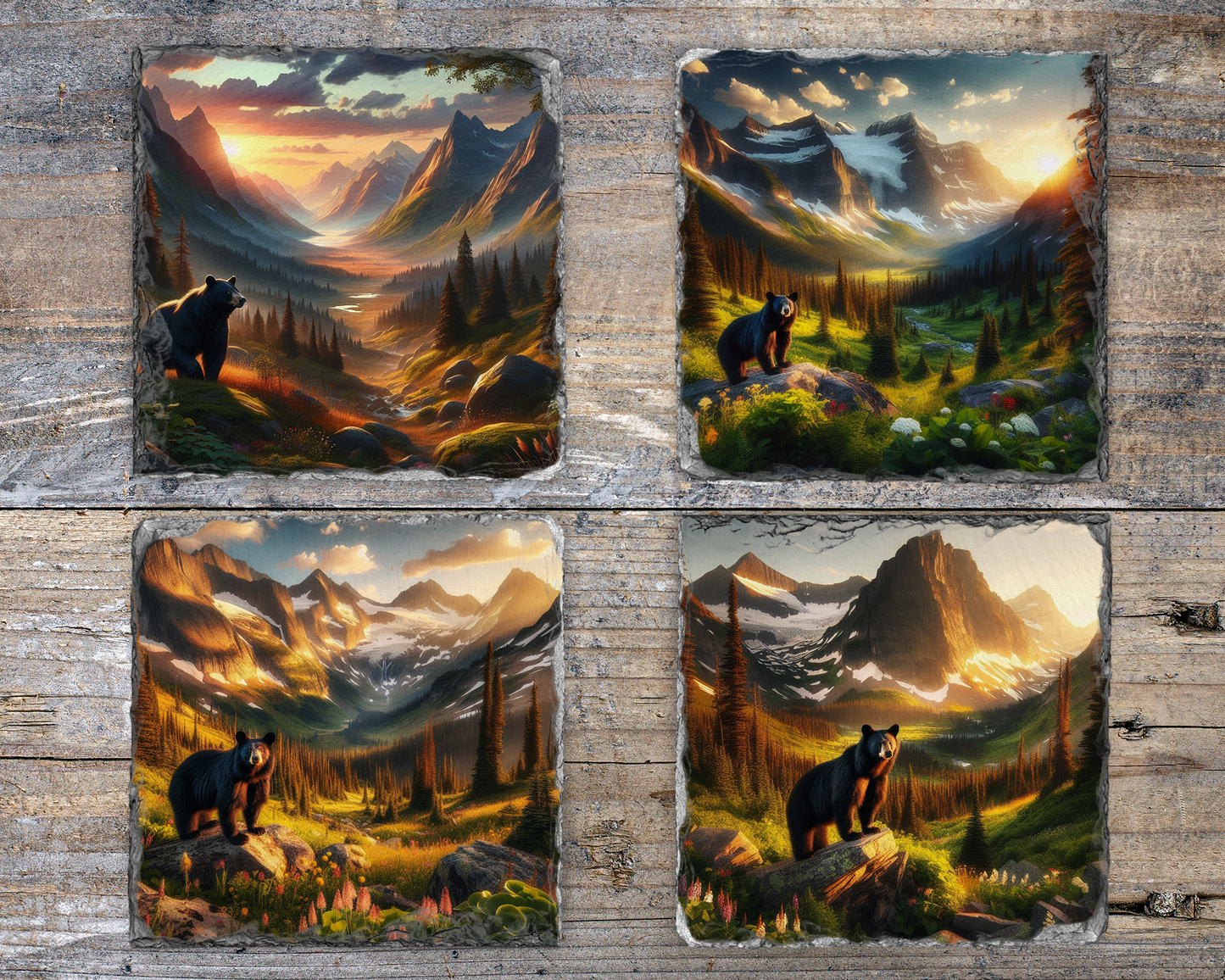 Rustic Slate Coaster Set with Bear in Valley at Sunset - Unique Gift for Mom 4 Distinct Designs