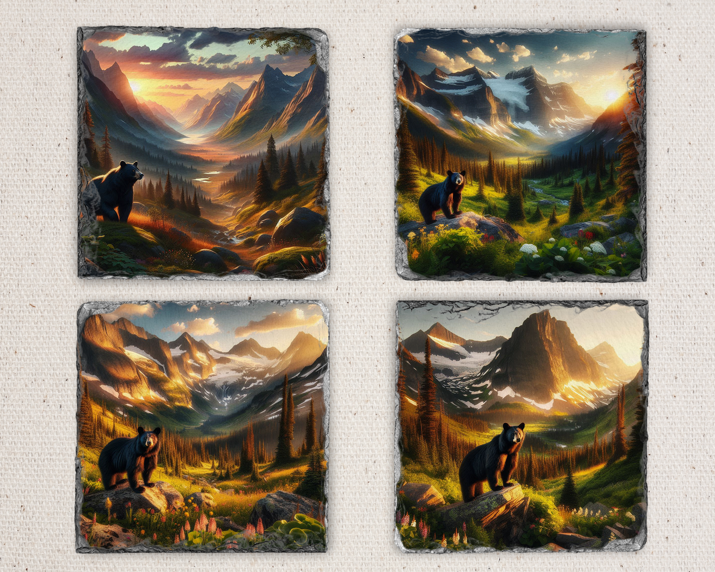 Rustic Slate Coaster Set with Bear in Valley at Sunset - Unique Gift for Mom 4 Distinct Designs