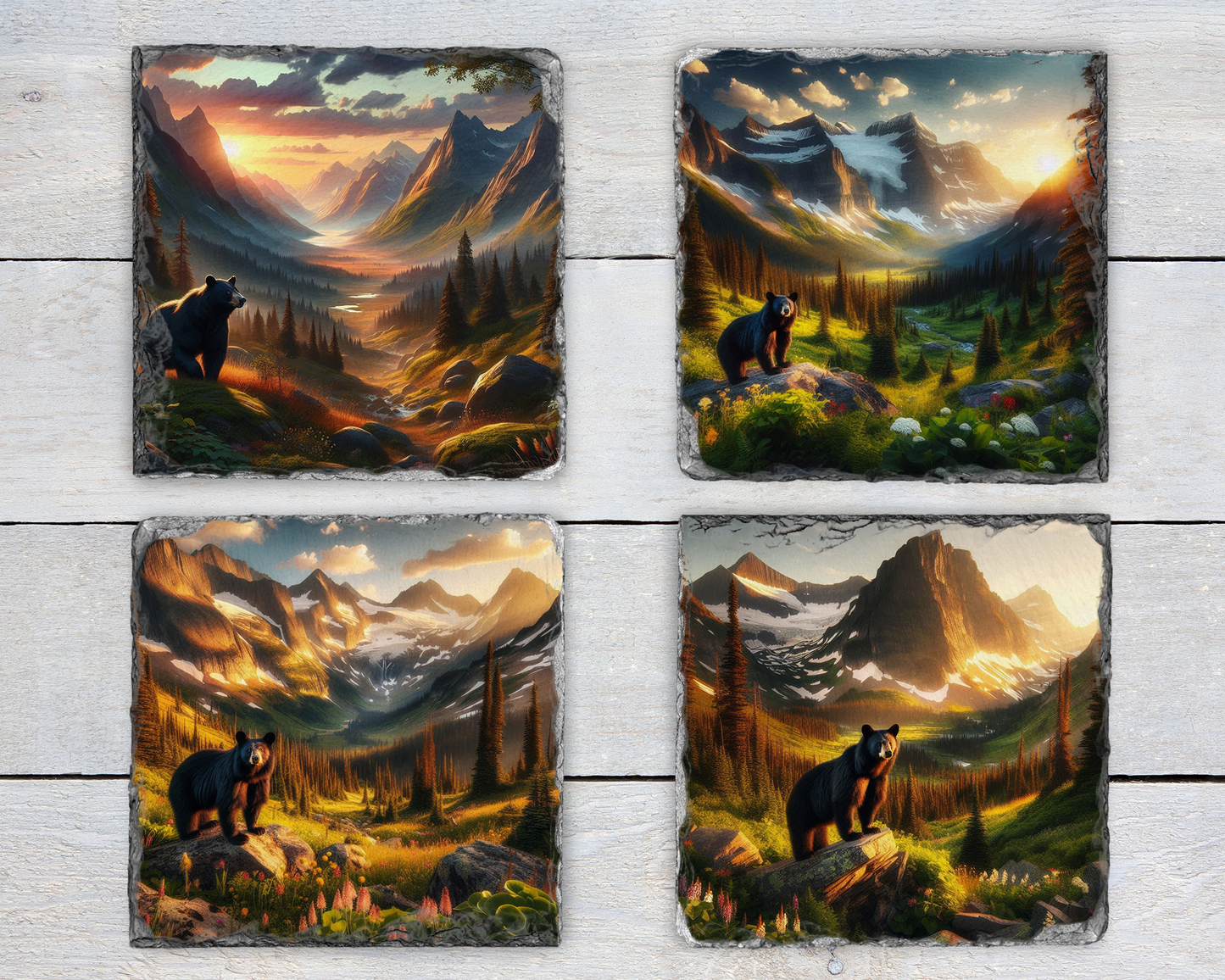 Rustic Slate Coaster Set with Bear in Valley at Sunset - Unique Gift for Mom 4 Distinct Designs